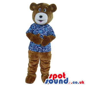 Customizable Brown Bear Plush Mascot Wearing A Blue Shirt. -