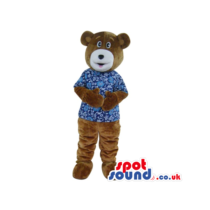 Customizable Brown Bear Plush Mascot Wearing A Blue Shirt. -