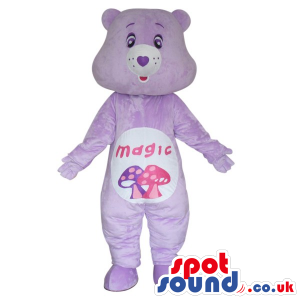 Purple Care Bear Cartoon Mascot With Mushrooms On Its Belly -
