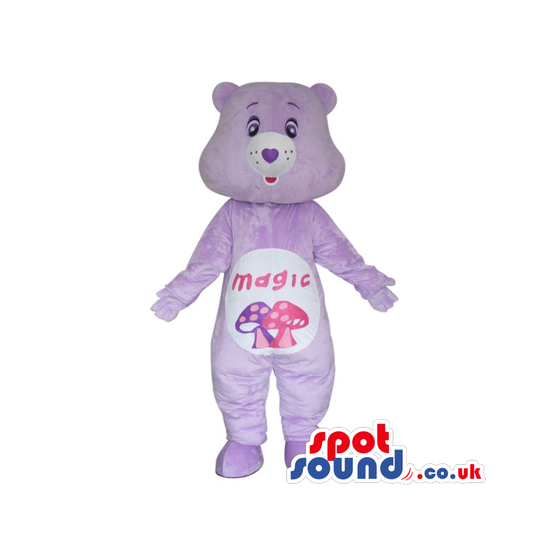 Purple Care Bear Cartoon Mascot With Mushrooms On Its Belly -