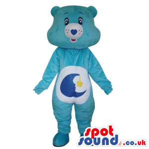Blue Care Bear Cartoon Mascot With A Moon On Its Belly - Custom