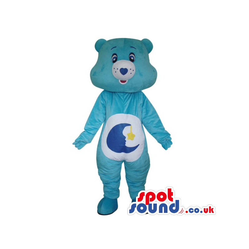 Blue Care Bear Cartoon Mascot With A Moon On Its Belly - Custom