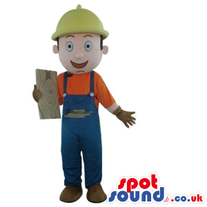 Cartoon Boy Mascot Wearing Overalls And A Helmet With A Logo -