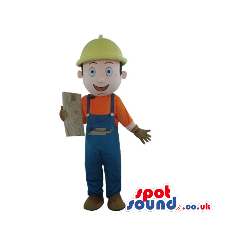 Cartoon Boy Mascot Wearing Overalls And A Helmet With A Logo -