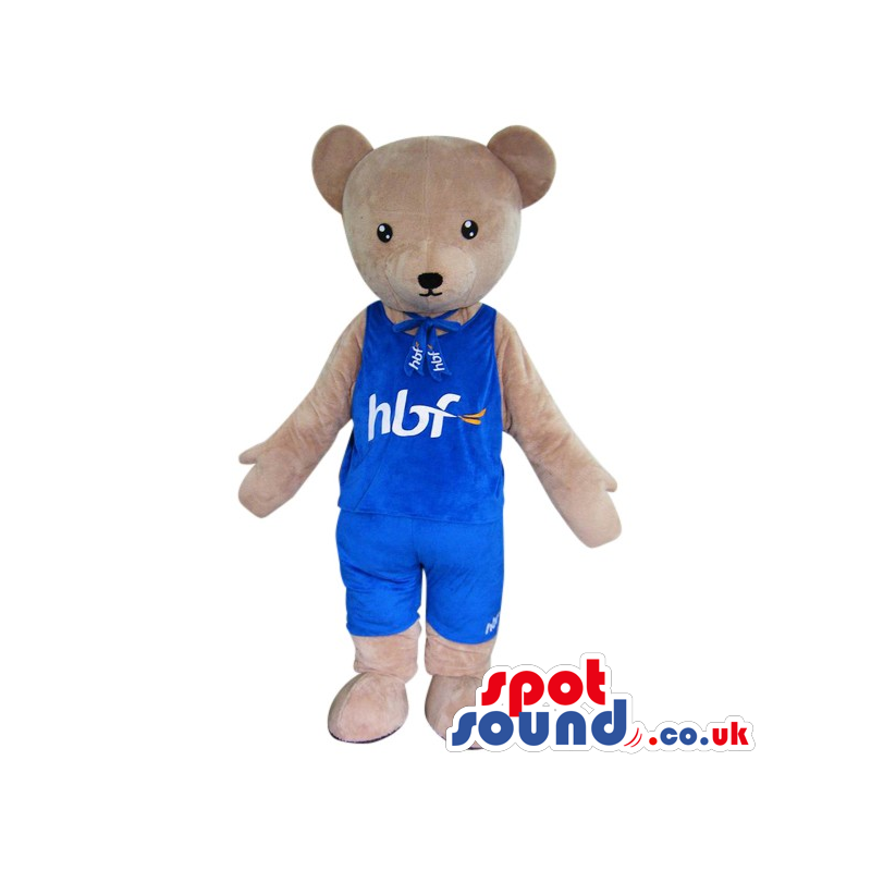 Beige Bear Plush Mascot Wearing Blue Sports Garments With A