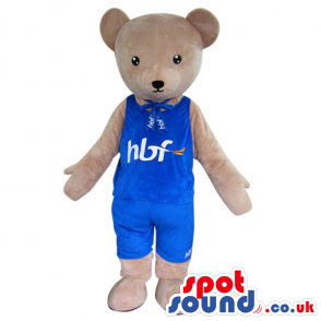 Beige Bear Plush Mascot Wearing Blue Sports Garments With A