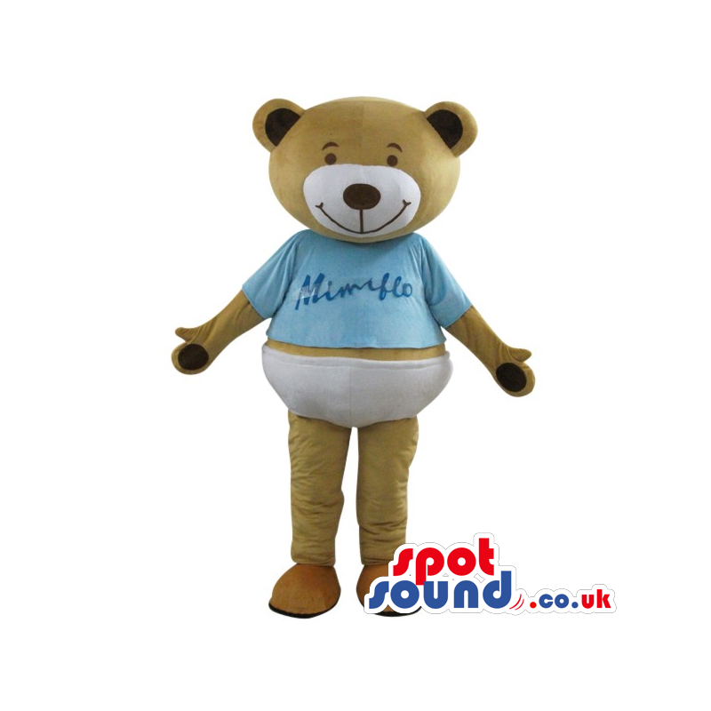 Brown Teddy Bear Plush Mascot Wearing A Blue T-Shirt With Logo