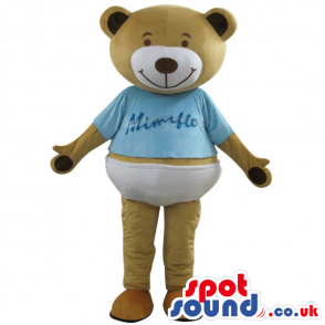 Brown Teddy Bear Plush Mascot Wearing A Blue T-Shirt With Logo