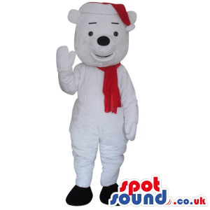 Cute White Teddy Bear Plush Mascot Wearing A Red Winter Scarf -