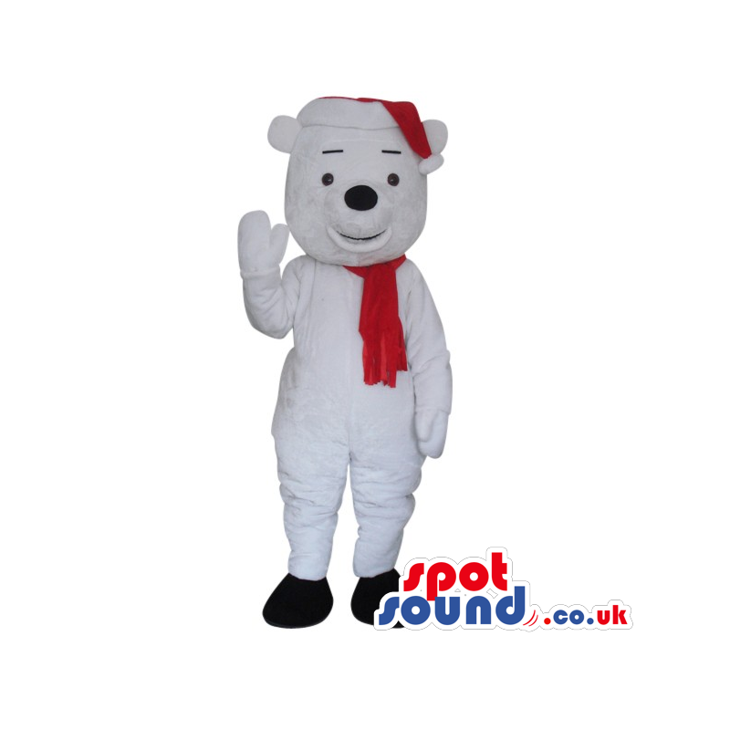 Cute White Teddy Bear Plush Mascot Wearing A Red Winter Scarf -