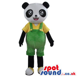 Cute Panda Bear Plush Mascot Wearing Green Overalls - Custom