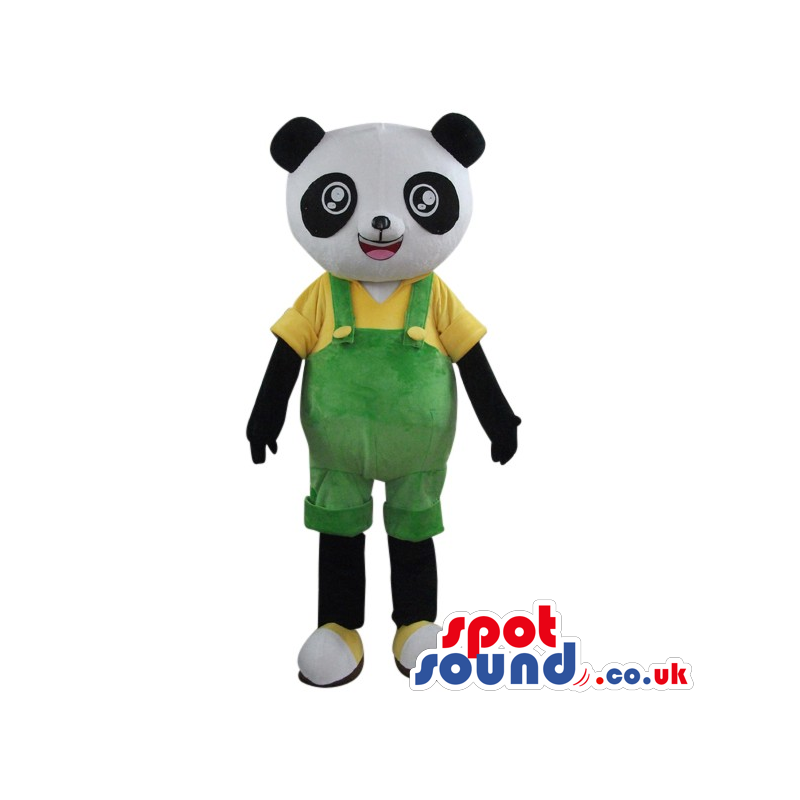 Cute Panda Bear Plush Mascot Wearing Green Overalls - Custom