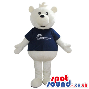 White Bear Plush Mascot Wearing A T-Shirt With Logo And Text -