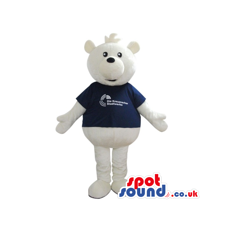 White Bear Plush Mascot Wearing A T-Shirt With Logo And Text -
