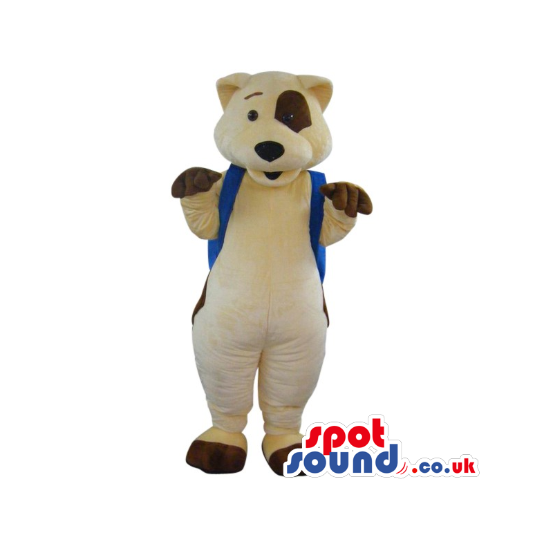 Beige Bear Plush Mascot With A Brown Eye-Circle And A Backpack