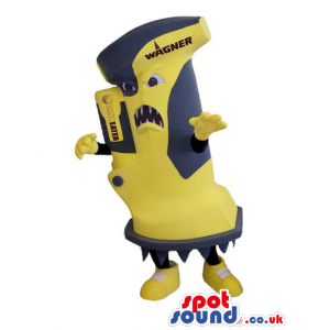 Amazing Scary Yellow And Grey Tool Mascot With A Brand Name -