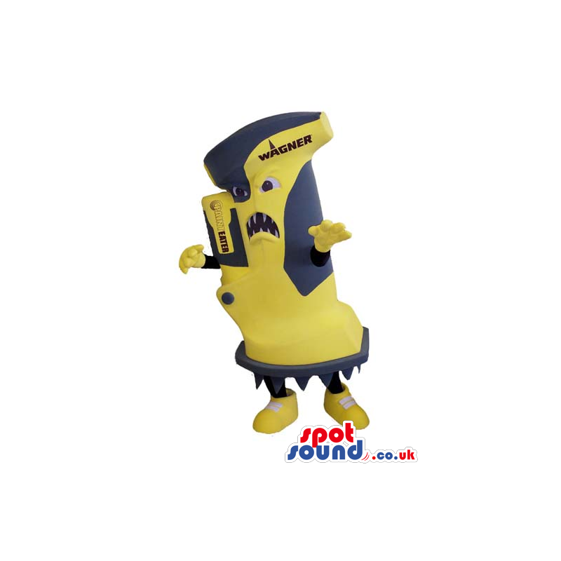 Amazing Scary Yellow And Grey Tool Mascot With A Brand Name -