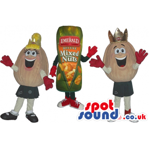 Two Boy And Girl Nut Couple Mascot And A Nut Bag Mascot -