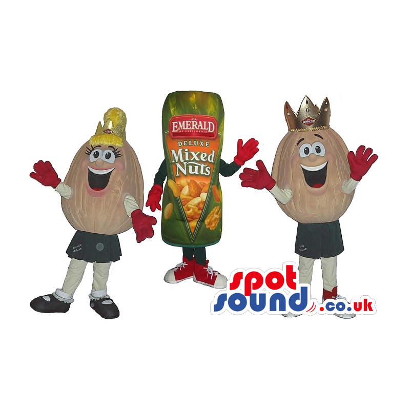 Two Boy And Girl Nut Couple Mascot And A Nut Bag Mascot -