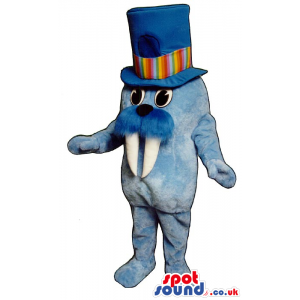 Blue Small Seal Plush Mascot Wearing A Colorful Top Hat -