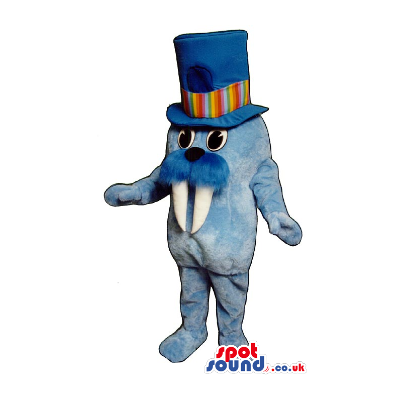 Blue Small Seal Plush Mascot Wearing A Colorful Top Hat -