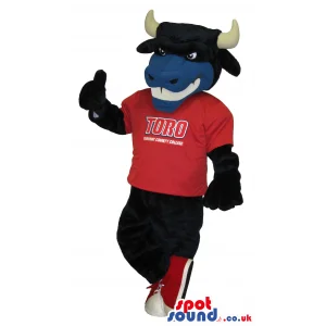 Customizable Black Bull Plush Mascot Wearing A Logo T-Shirt -