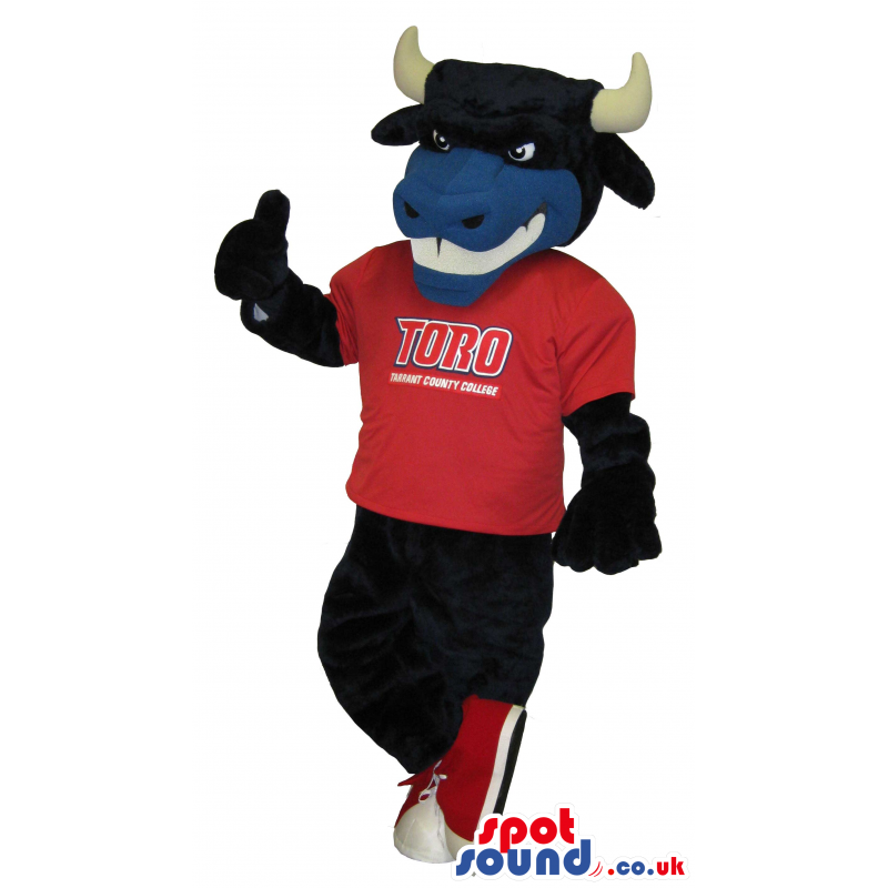 Customizable Black Bull Plush Mascot Wearing A Logo T-Shirt -