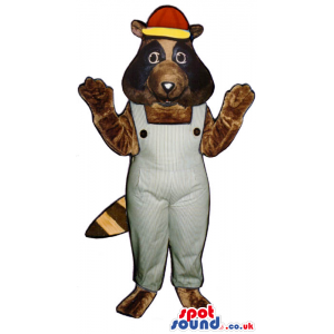 Brown Raccoon Plush Mascot Wearing Grey Overalls And A Cap -