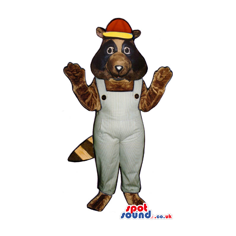Brown Raccoon Plush Mascot Wearing Grey Overalls And A Cap -