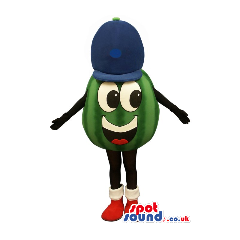 Funny Watermelon Mascot With A Cute Face In A Blue Cap - Custom