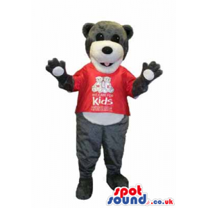 Grey Teddy Bear Plush Mascot Wearing A Red T-Shirt With A Logo