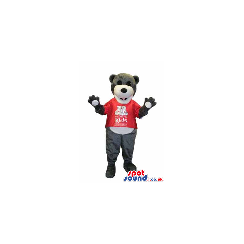 Grey Teddy Bear Plush Mascot Wearing A Red T-Shirt With A Logo