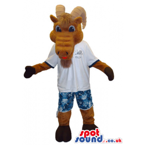 Antelope Plush Mascot Wearing A Logo T-Shirt And Blue Shorts -