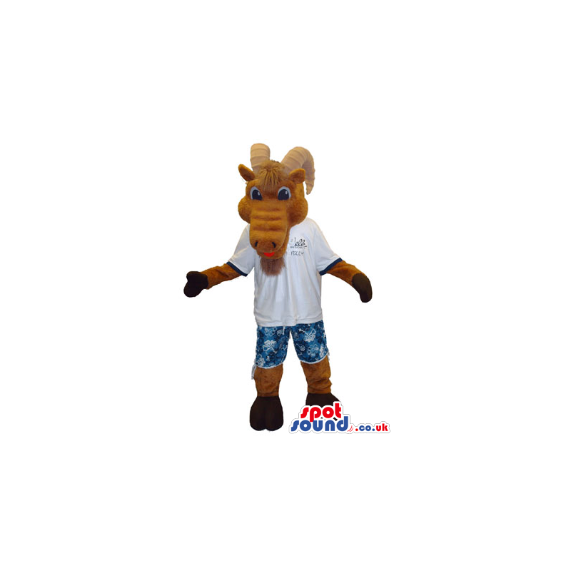 Antelope Plush Mascot Wearing A Logo T-Shirt And Blue Shorts -