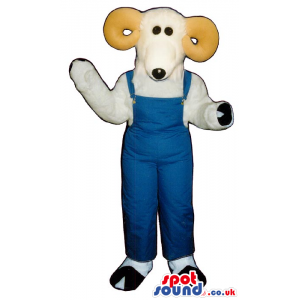 All White Goat Plush Mascot Wearing Blue Overalls - Custom