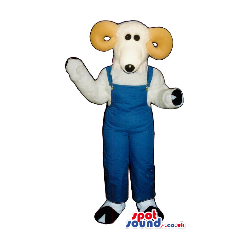 All White Goat Plush Mascot Wearing Blue Overalls - Custom