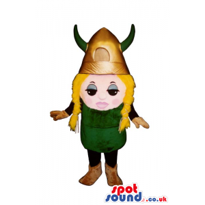 Viking Small Blond Girl Character Mascot In A Big Golden Helmet