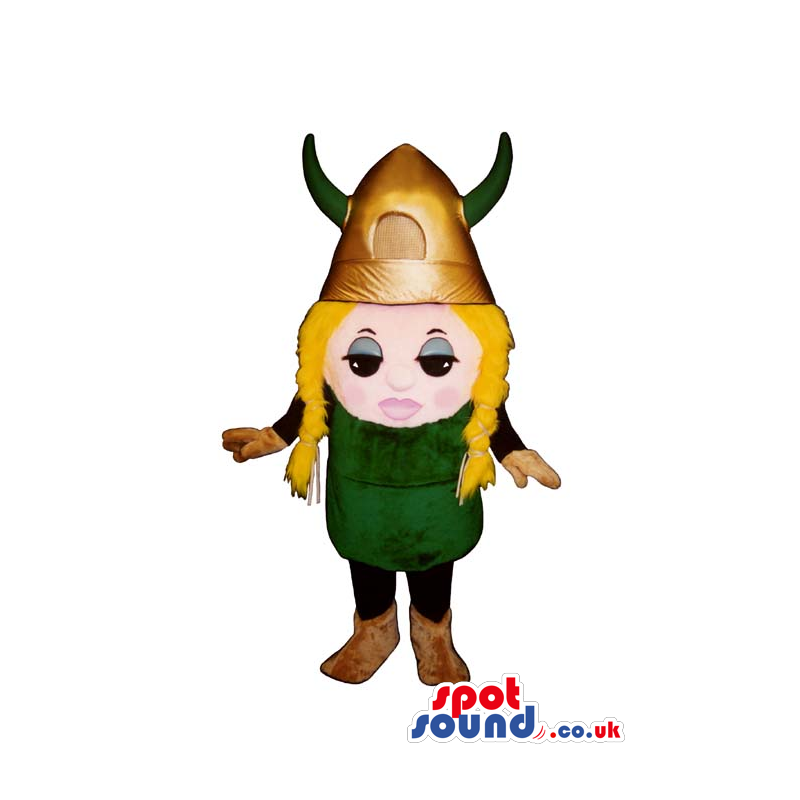 Viking Small Blond Girl Character Mascot In A Big Golden Helmet