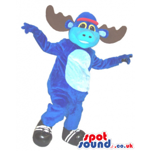 Flashy Blue Moose Plush Mascot Wearing A Cap And Sneakers -