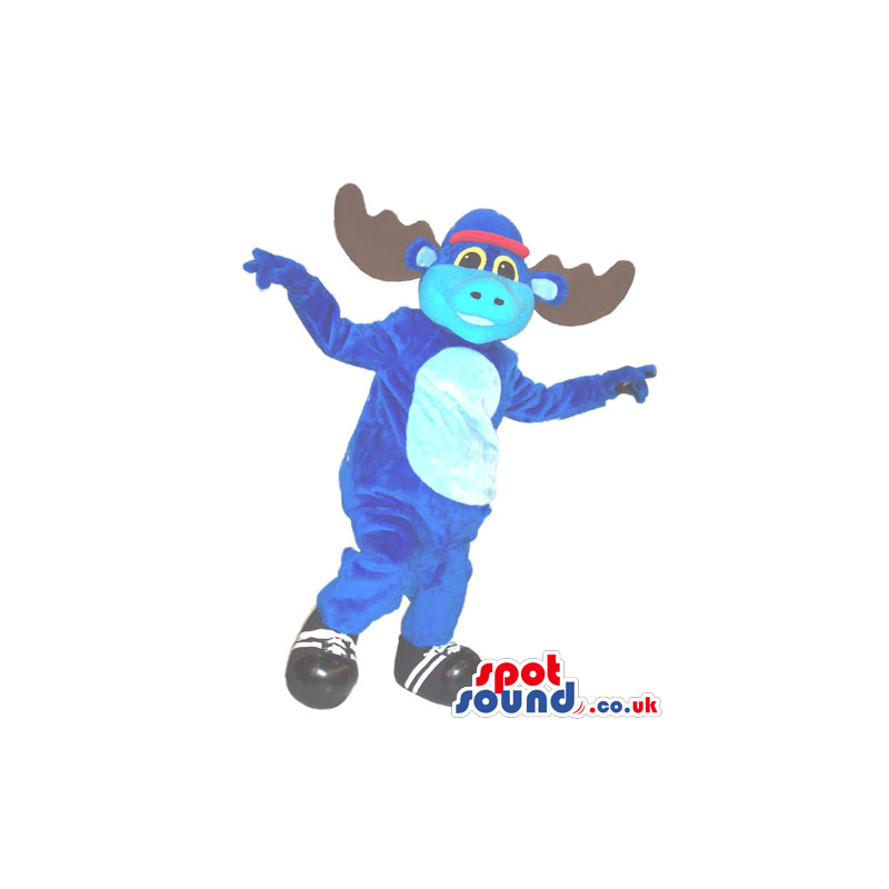 Flashy Blue Moose Plush Mascot Wearing A Cap And Sneakers -