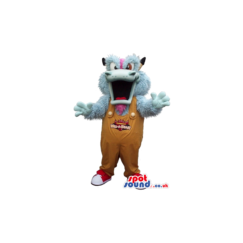 Blue Monster Plush Mascot With A Big Mouth In Overalls With