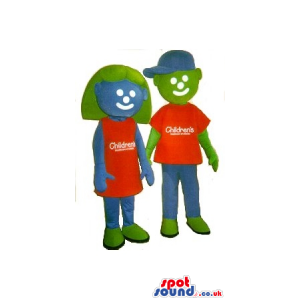 Blue And Green Boy And Girl Mascot Couple In Clothes With Logo