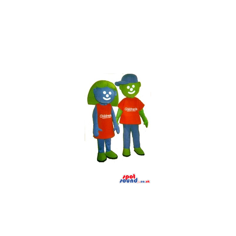 Blue And Green Boy And Girl Mascot Couple In Clothes With Logo