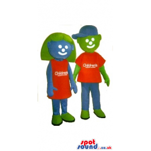 Blue And Green Boy And Girl Mascot Couple In Clothes With Logo