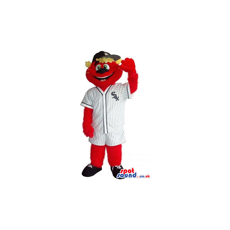 Red Bear Plush Mascot Wearing Baseball Garments With Team Logo