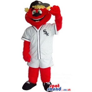 Red Bear Plush Mascot Wearing Baseball Garments With Team Logo