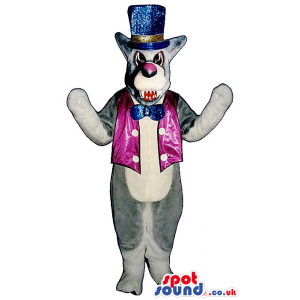 Grey Angry Wolf Plush Mascot Wearing Shinny Circus Garments -