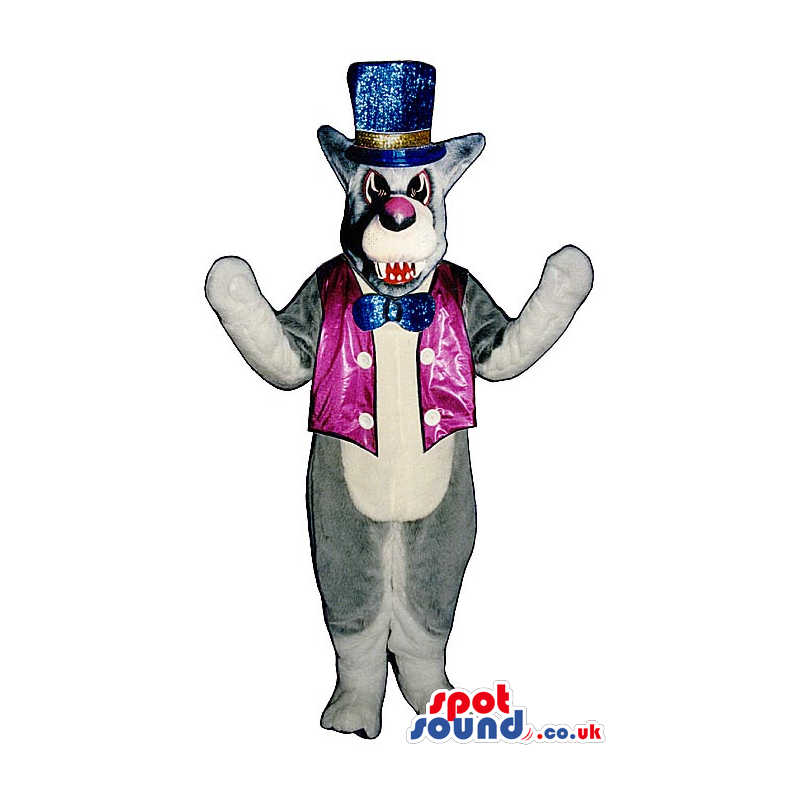 Grey Angry Wolf Plush Mascot Wearing Shinny Circus Garments -