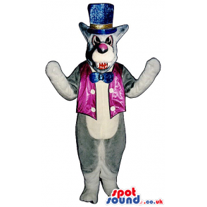 Grey Angry Wolf Plush Mascot Wearing Shinny Circus Garments -
