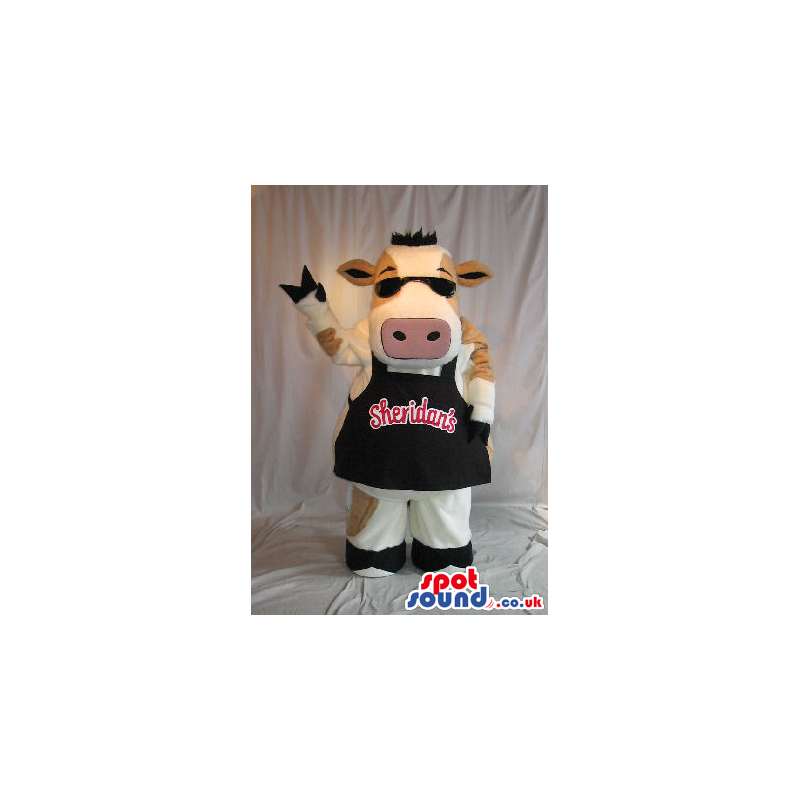 Cow Plush Mascot Wearing Sunglasses And An Apron With Brand